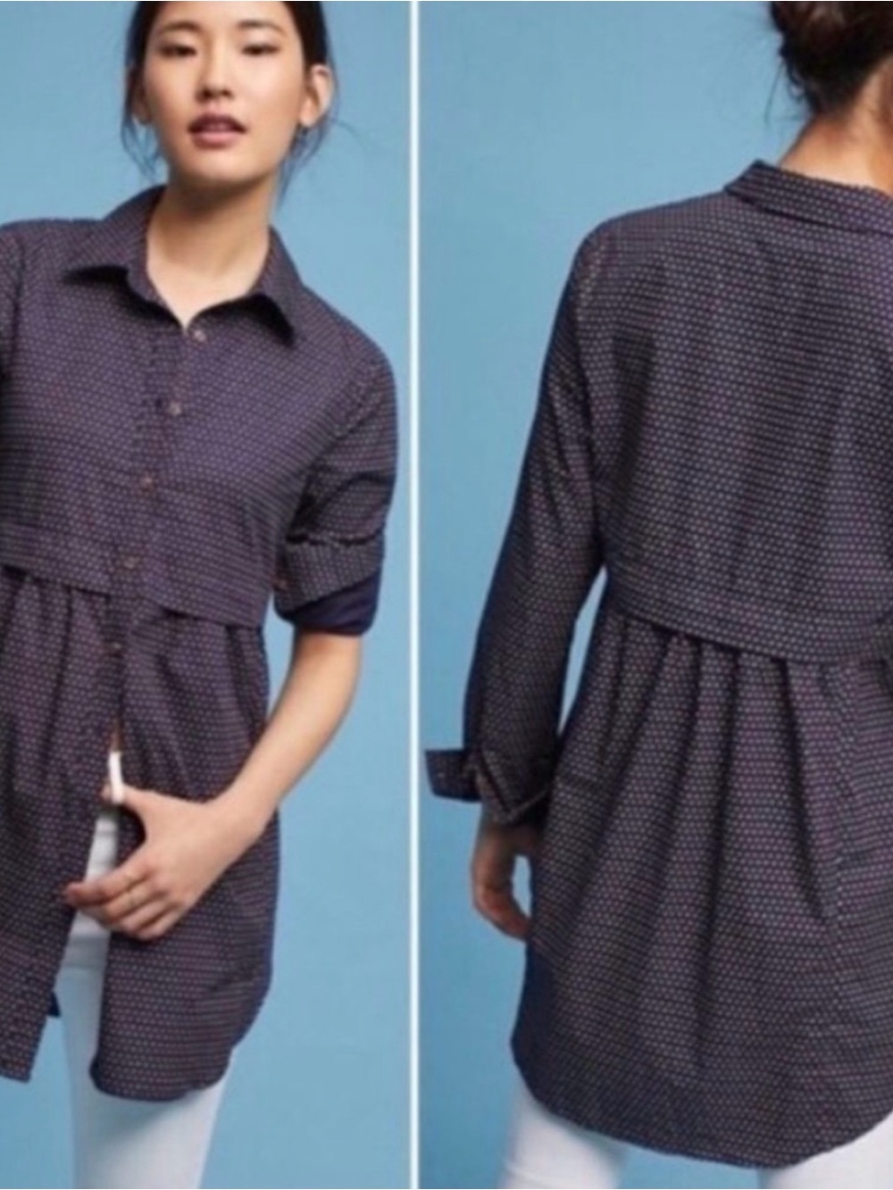 Anthropologie Maeve Navy Button-Front Tunic with Subtle Dot Print